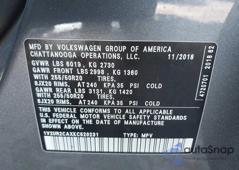 2019 Volkswagen Atlas 3.6L V6 Se W/Technology из США, поврежденный, VIN 1V2UR2CAXKC520231